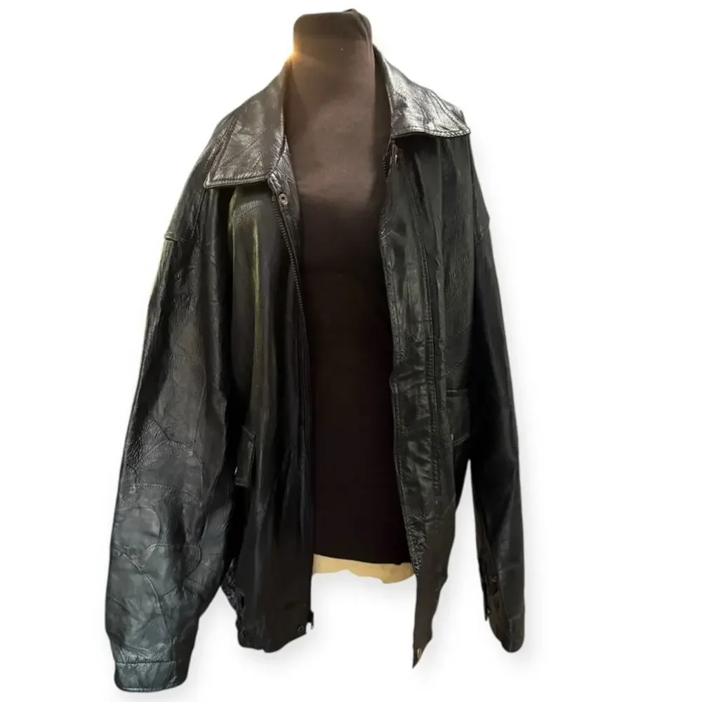 Vtg 90s Leather Oversized Bomber Jacket 3X Grunge Western Patchwork Streetwear